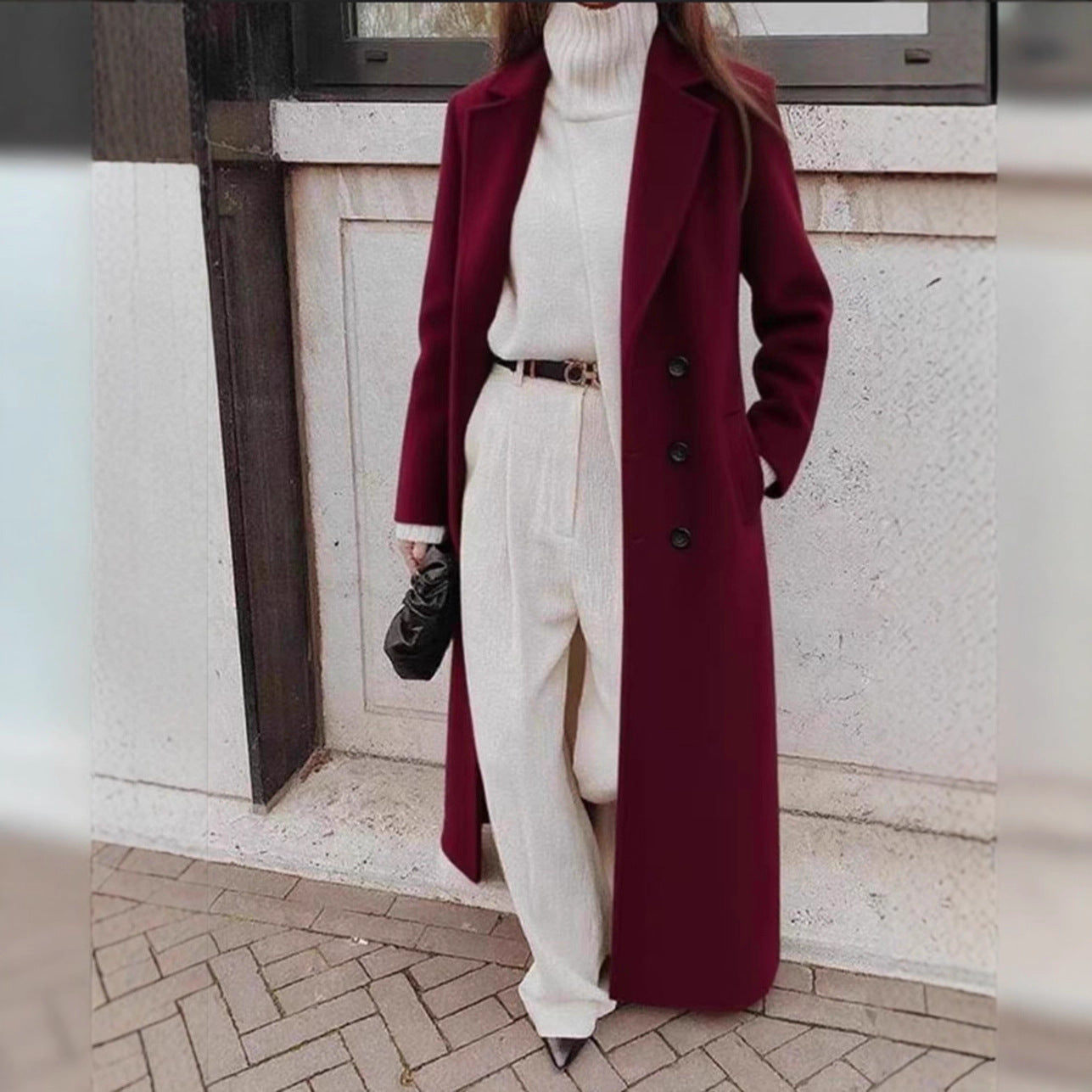 Damen Eleganter Wollmantel mit doppelter Knopfleiste und tiefen Taschen EB