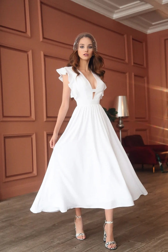 Damen Maxikleid mit raffiniertem V-Ausschnitt und voluminösen Rüschenärmeln R&B