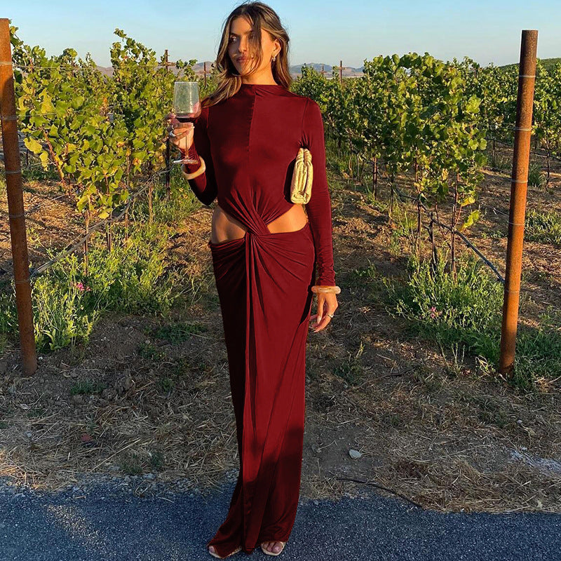 Damen Elegantes langärmliges Maxikleid mit raffiniertem Knotendesign und seitlichen Cut-Outs R&B