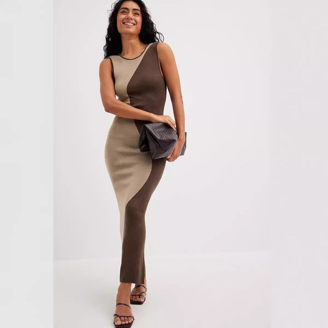Damen figurbetontes Maxi-Kleid mit modischem Farbblockdesign R&B