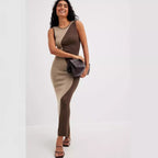 Damen figurbetontes Maxi-Kleid mit modischem Farbblockdesign R&B