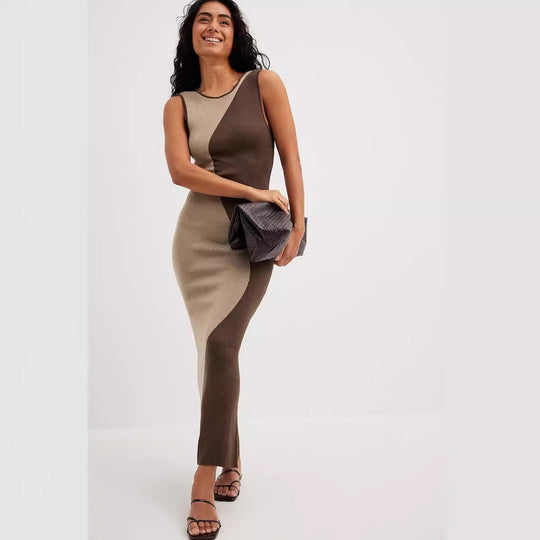 Damen figurbetontes Maxi-Kleid mit modischem Farbblockdesign R&B