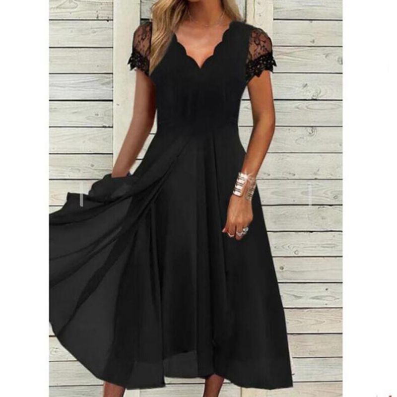 Damen nan fließendes Midikleid mit geschwungenem V-Ausschnitt, taillierter A-Linien-Silhouette und filigranen Spitzenärmeln R&B