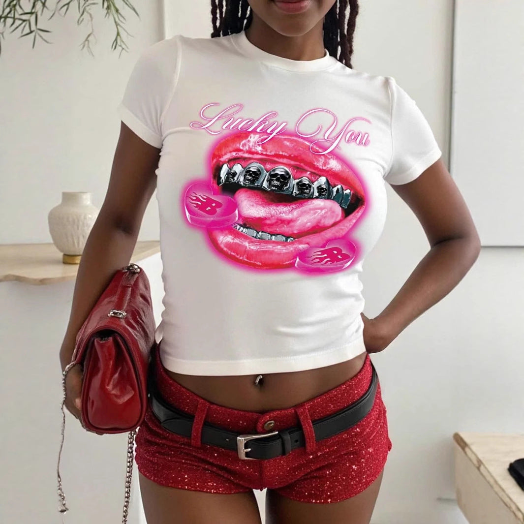 Damen T-Shirt mit kreativem Lippenmotiv und auffälligem Grafikdruck R&B