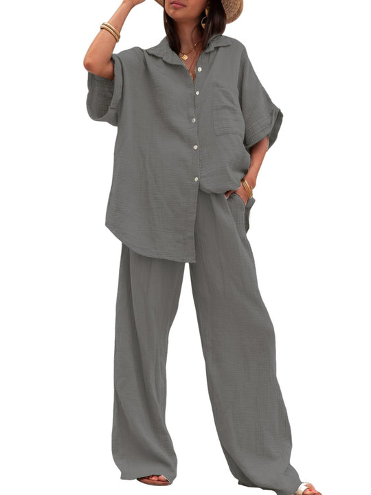 Damen luftiges Oversize-Hemd und weite Hose Set R&B