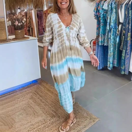 Damen nan luftiges Batik-Stufenkleid mit V-Ausschnitt, Empire-Taille und elastischen Ärmeln R&B