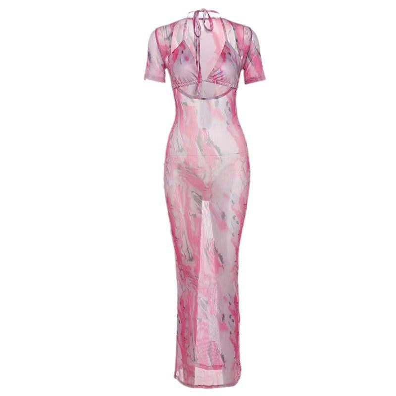 Damen Schickes Wickelkleid mit tiefem Ausschnitt und buntem Marmor-Muster R&B