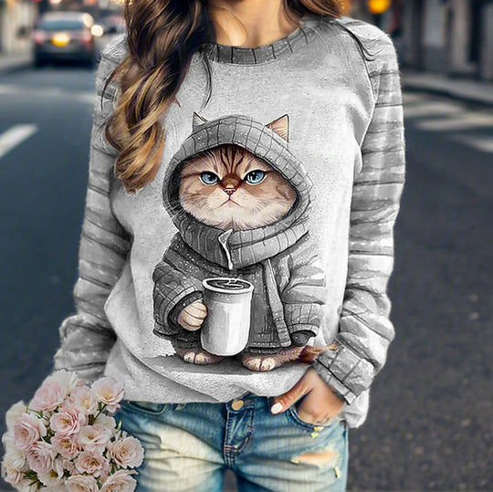 Damen nan lässiges Sweatshirt mit großem Kätzchen-Frontprint und gestreiften Raglanärmeln R&B