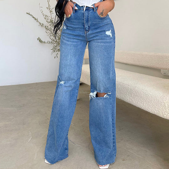 Damen Weit geschnittene Jeans mit distressed Details und hohem Bund R&B