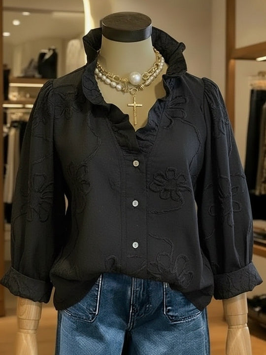 Damen elegante Bluse mit floralen Stickereien und voluminösen Ärmeln R&B