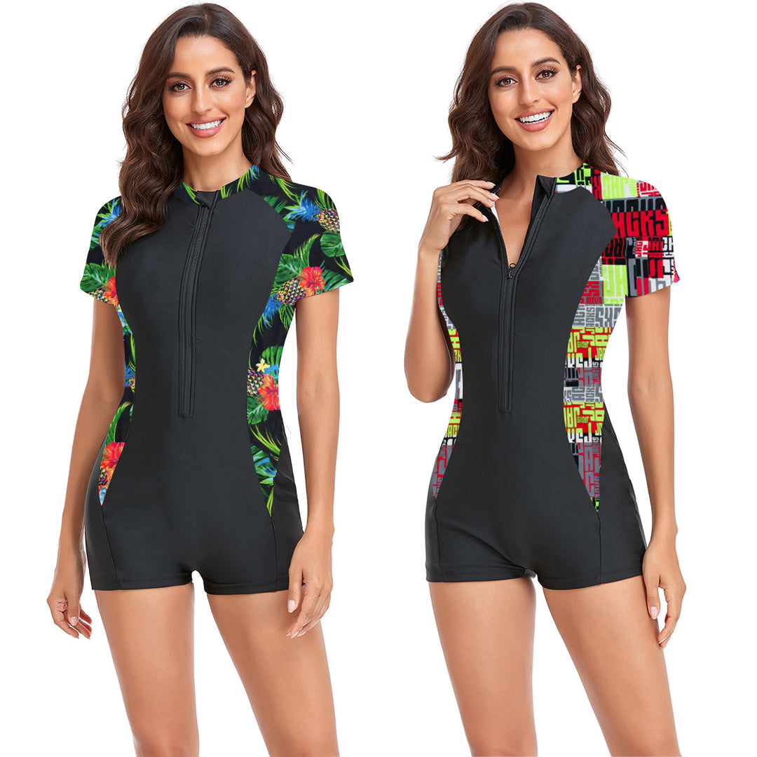 Damen Sportlicher Schwimmanzug mit kurzem Arm und buntem Floralprint R&B