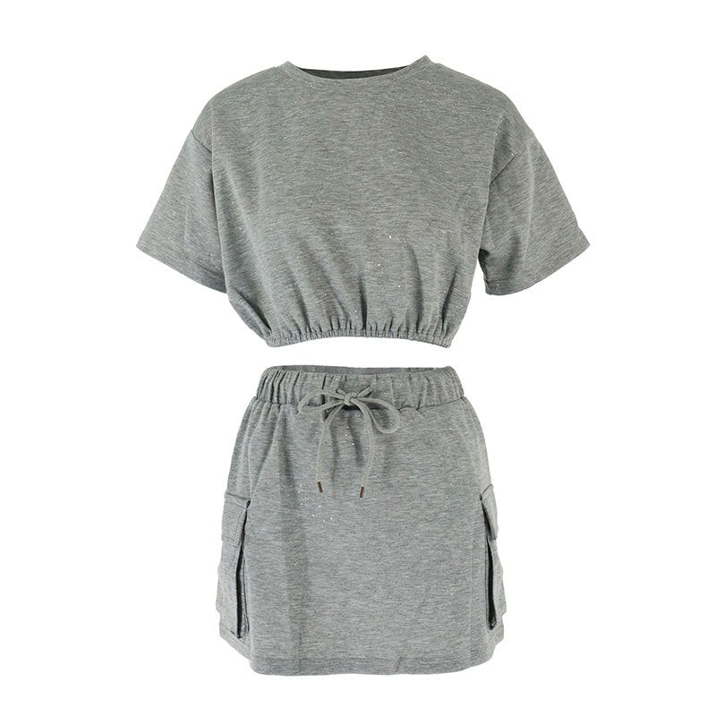 Damen lässiges Freizeit-Set mit cropped T-Shirt und Rock R&B