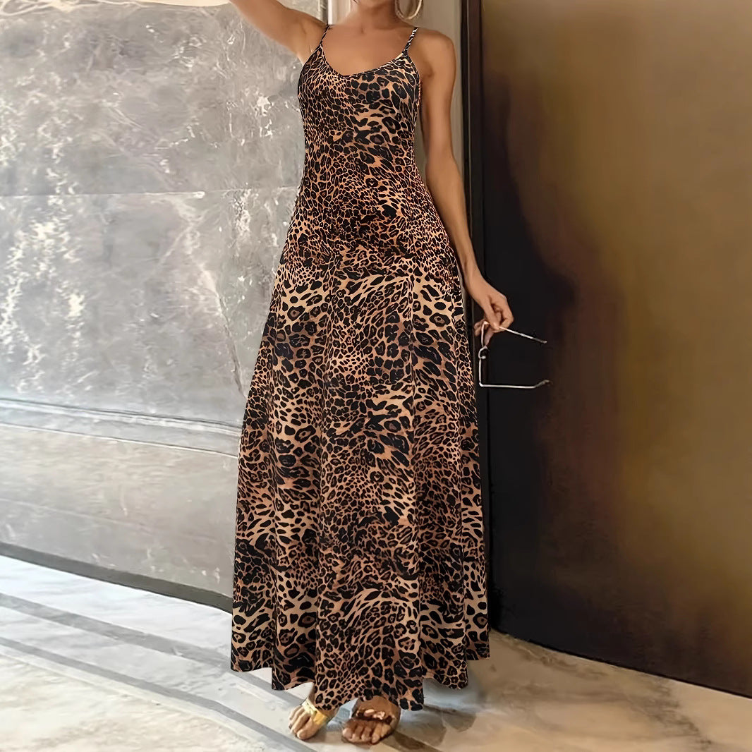 Damen Maxikleid mit Spaghetti-Trägern und asymmetrischem Tiermuster R&B