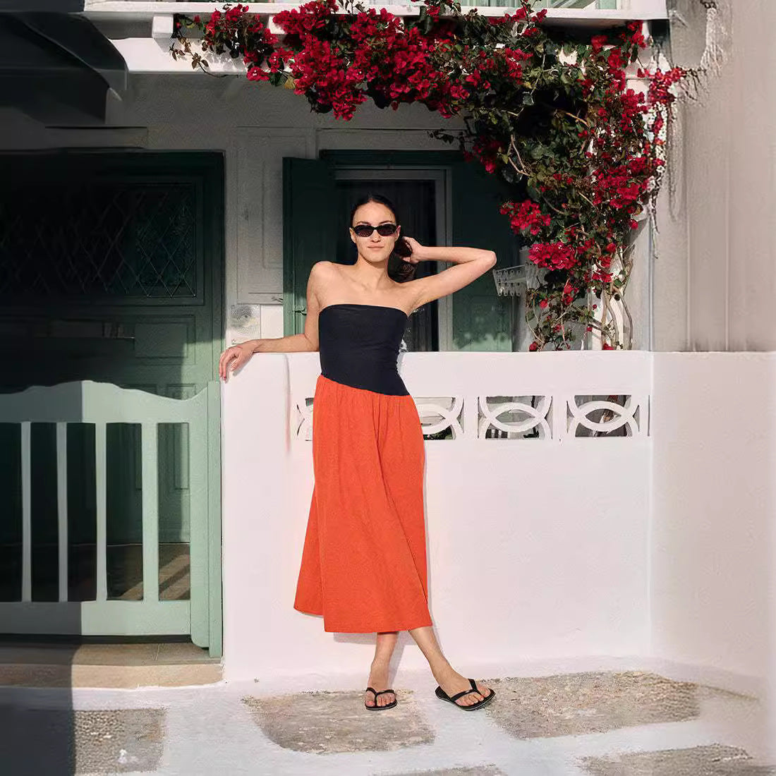 Damen ärmelloses Maxi-Kleid mit hochwertigem Oberteil und voluminösem Rock R&B