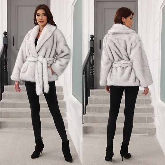 Damen Eleganter Kunstpelzmantel mit Gürtel und breitem Revers R&B