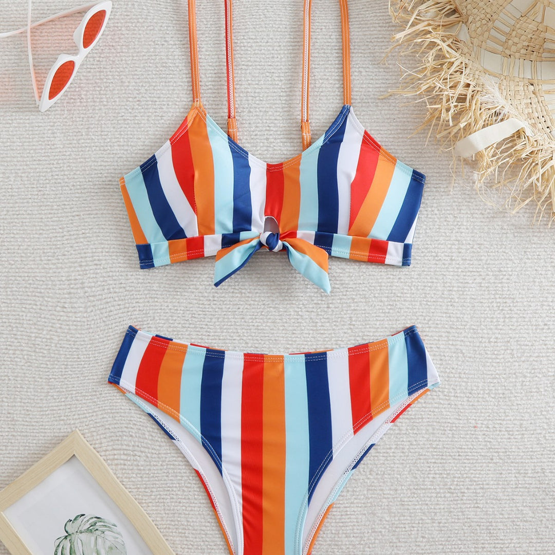 Damen Bikini-Set mit modischem Knoten und buntem Streifenmuster R&B