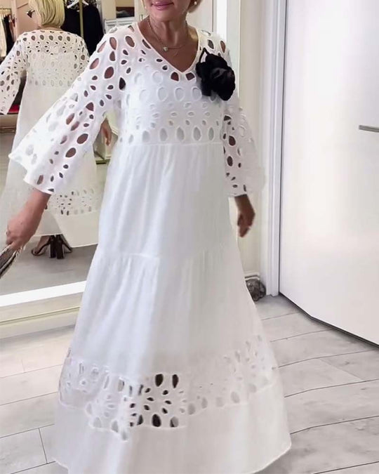 Damen nan Maxikleid mit Ajour-Lochstickerei, V-Ausschnitt, weiten Glockenärmeln und Stufensaum R&B