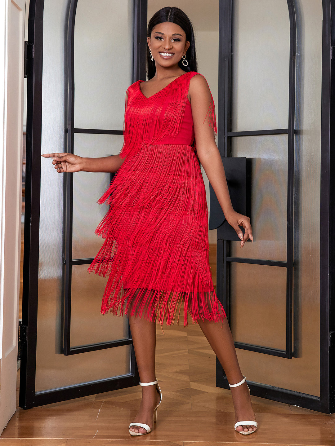 Damen elegantes Fransenkleid mit V-Ausschnitt R&B