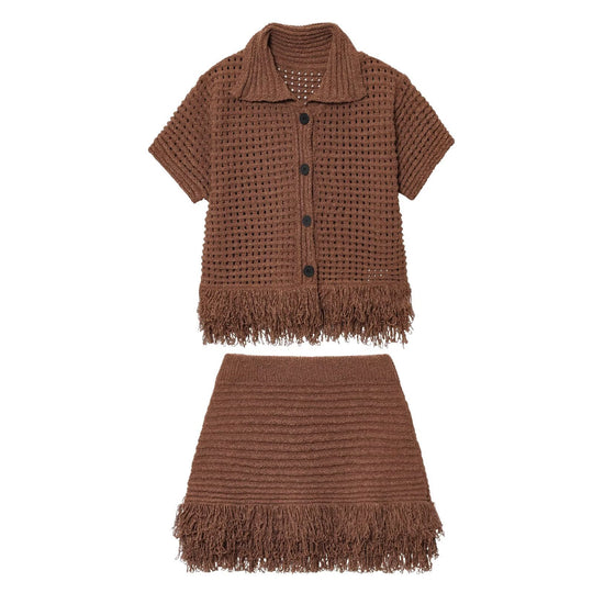 Damen Kurzarm-Strickjacke mit fransigem Saum und dekorativen Knöpfen R&B