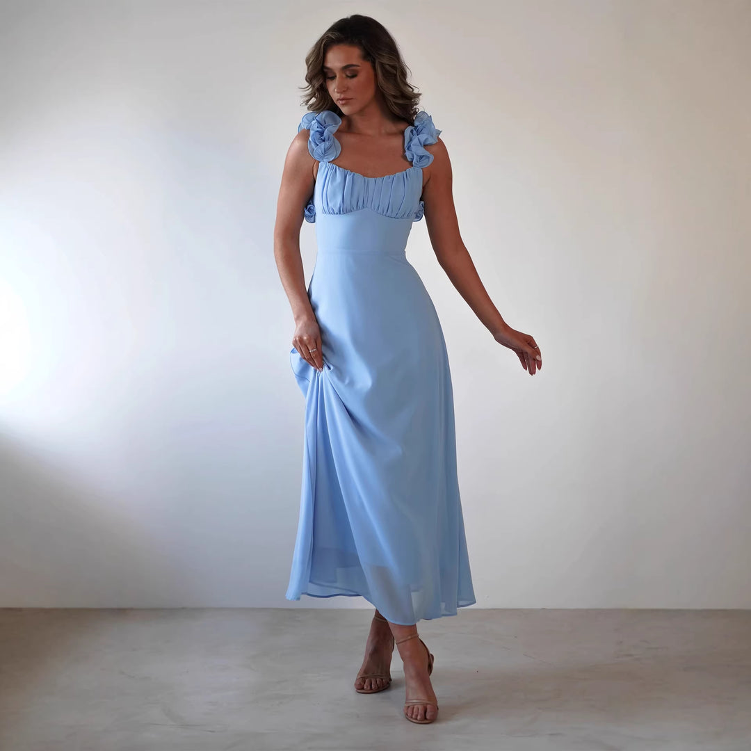 Damen Maxikleid mit verspielten Rüschendetails und elastischem Oberteil R&B