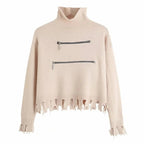 Damen stylischer Stehkragenpullover mit zwei asymmetrischen Reißverschlusstaschen und fransigem Saum R&B