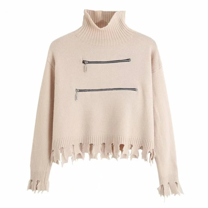 Damen stylischer Stehkragenpullover mit zwei asymmetrischen Reißverschlusstaschen und fransigem Saum R&B