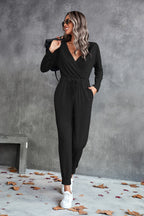 Damen Lässiger Langarm-Jumpsuit mit Wickeloberteil und elastischem Bund R&B
