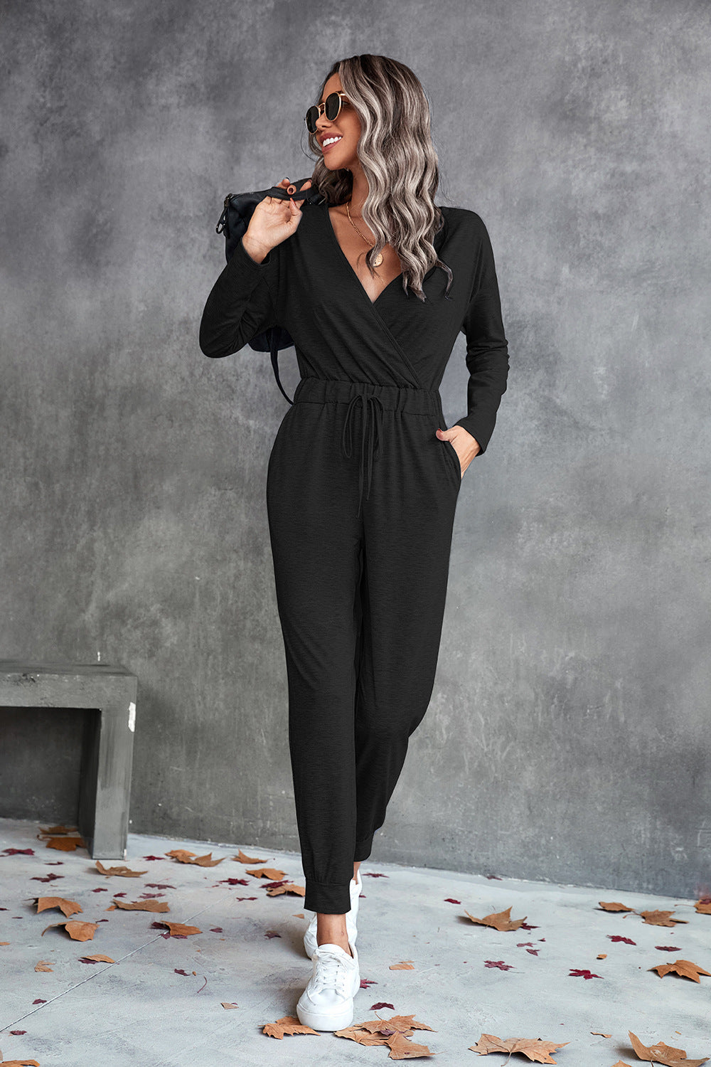 Damen Lässiger Langarm-Jumpsuit mit Wickeloberteil und elastischem Bund R&B