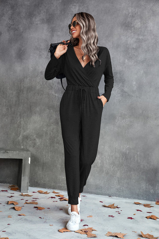 Damen Lässiger Langarm-Jumpsuit mit Wickeloberteil und elastischem Bund R&B