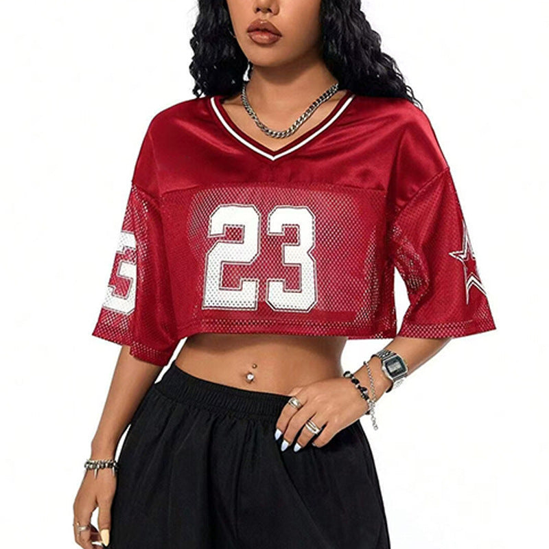 Damen sportliches Crop-Top aus atmungsaktivem Mesh-Material mit Nummer CD-R&B