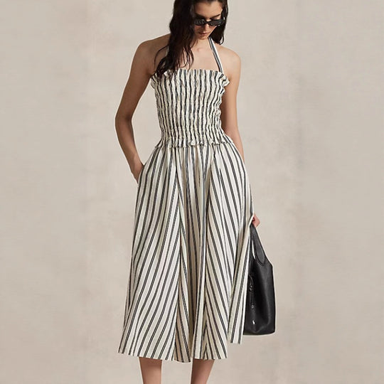 Damen nan Midikleid mit Smokoberteil, verstellbarem Halterband, weitem A-Linien-Rock und Eingrifftaschen R&B