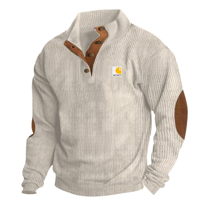 Herren nan Strickpullover im Troyer-Stil mit Stehkragen Lederbesatz Druckknopfleiste und Ellbogen-Patches R&B