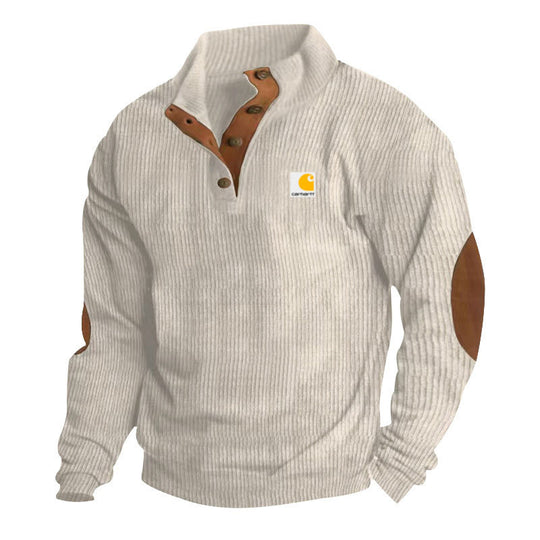 Herren nan Strickpullover im Troyer-Stil mit Stehkragen Lederbesatz Druckknopfleiste und Ellbogen-Patches R&B