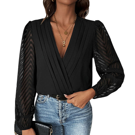 Damen Wickelbluse mit feinen Plissee-Details und transparenten Ärmeln R&B