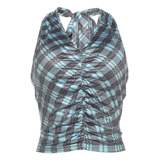 Damen Kurzarm Blusen-Top mit gerafftem Design und modischem Karomuster R&B