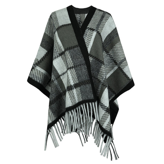 Damen eleganter Poncho mit modernem Karomuster und Fransen R&B