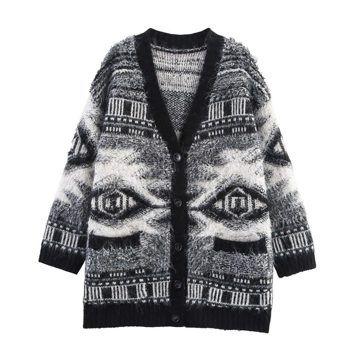 Damen Gemusterter Langarm-Cardigan mit Knopfleiste R&B