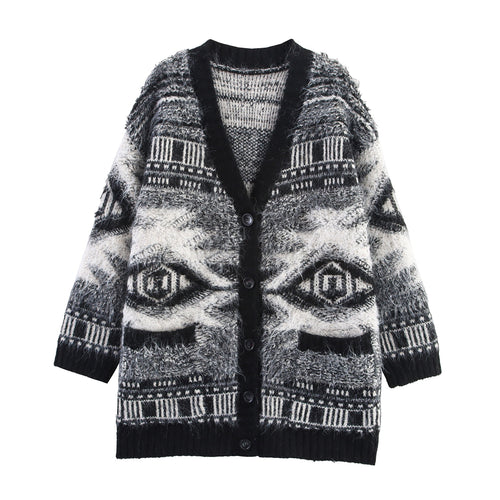 Damen Gemusterter Langarm-Cardigan mit Knopfleiste R&B
