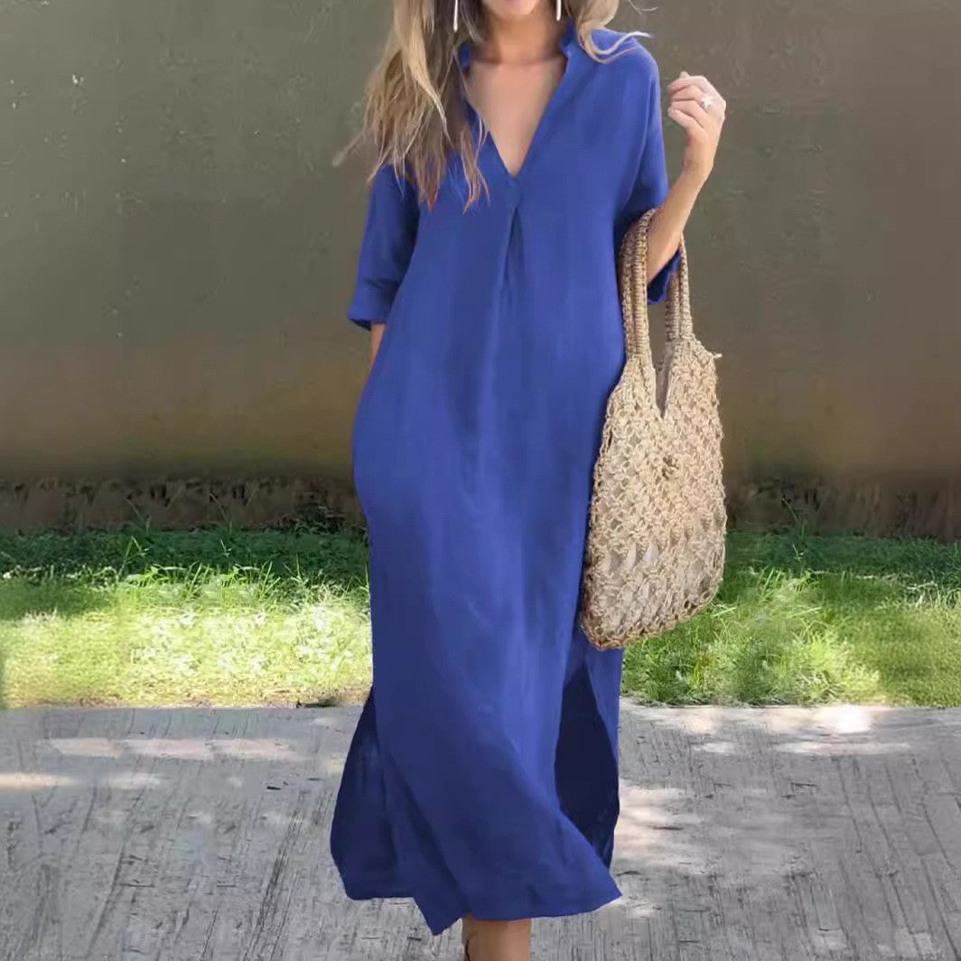 Damen Maxikleid mit modischem V-Ausschnitt und eleganten Seitenschlitzen R&B