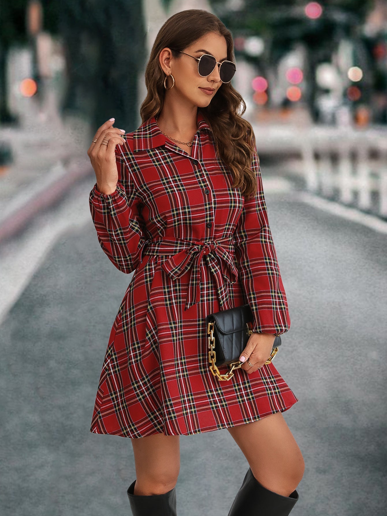 Damen Karohemdkleid mit Bindegürtel und langen Ärmeln R&B