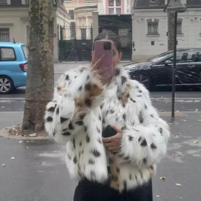 Damen Flauschige Leopardenmuster Kunstpelzjacke R&B