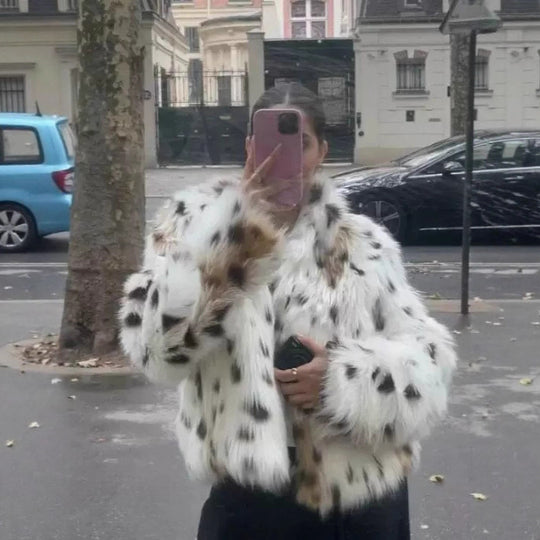 Damen Flauschige Leopardenmuster Kunstpelzjacke R&B