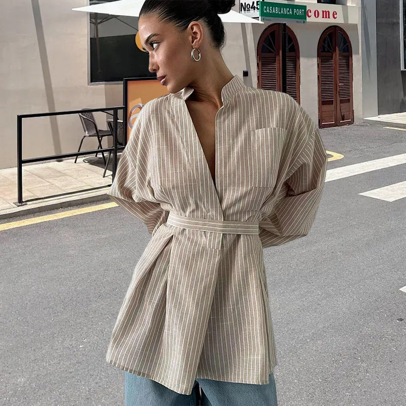 Damen elegante Bluse mit tailliertem Schnitt und Gürtel R&B