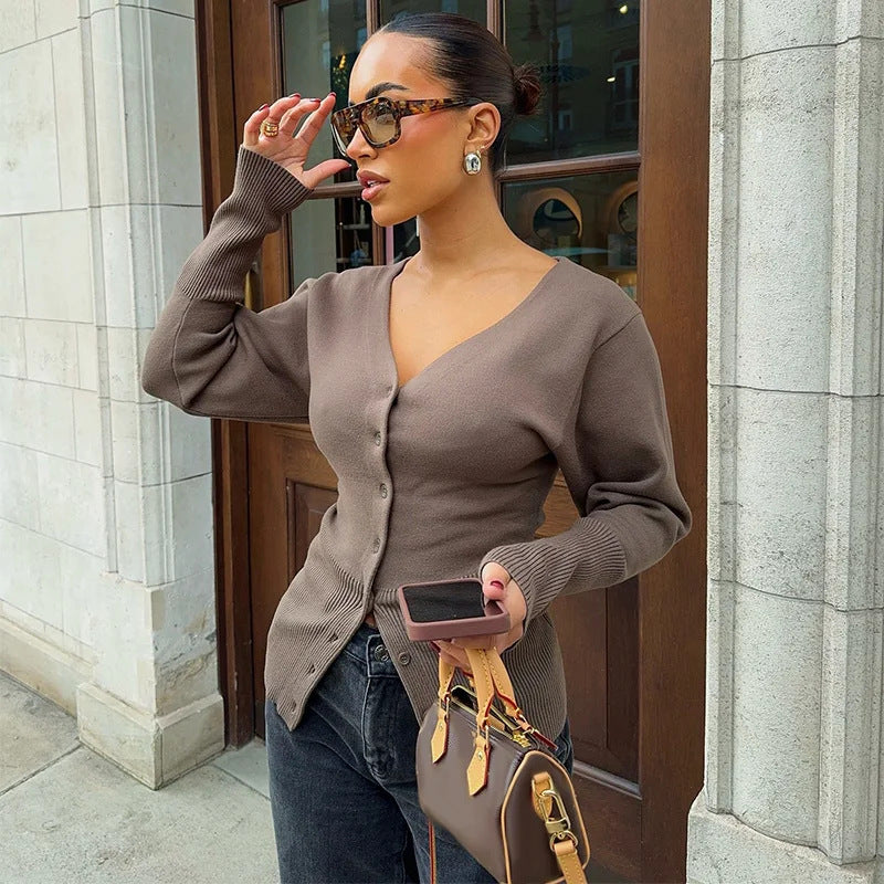 Damen Strickjacke mit V-Ausschnitt und Knopf-Detail R&B