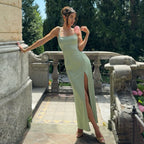 Damen Figurschmeichelndes Maxikleid mit seitlichem Schlitz und Spaghettiträgern R&B