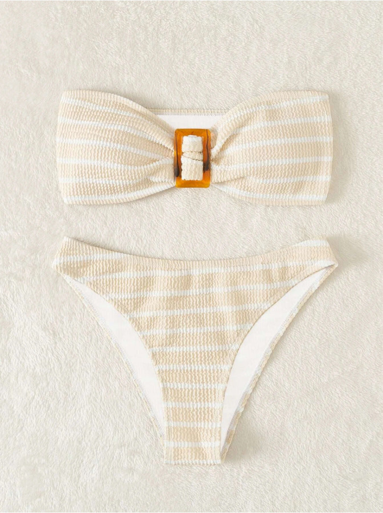 Damen Bandeau-Bikini mit modischem Streifenmuster und dekorativer Schnalle R&B