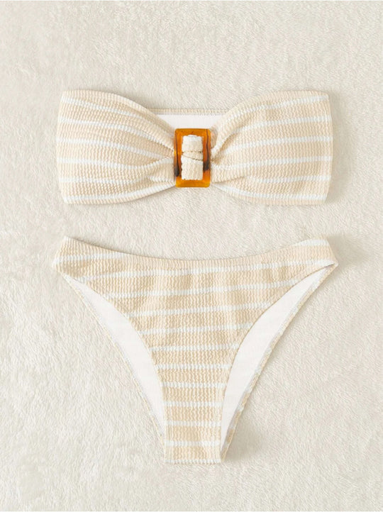 Damen Bandeau-Bikini mit modischem Streifenmuster und dekorativer Schnalle R&B