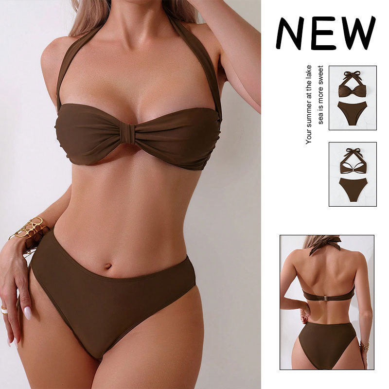 Damen Bandeau-Bikini mit dekorativem Knoten und hoher Taille R&B