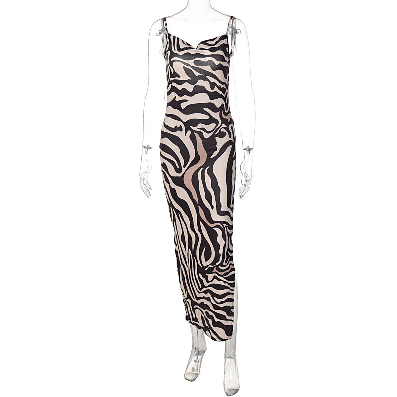 Damen Elegantes Maxikleid mit Leopardenmuster und sexy Schlitz R&B