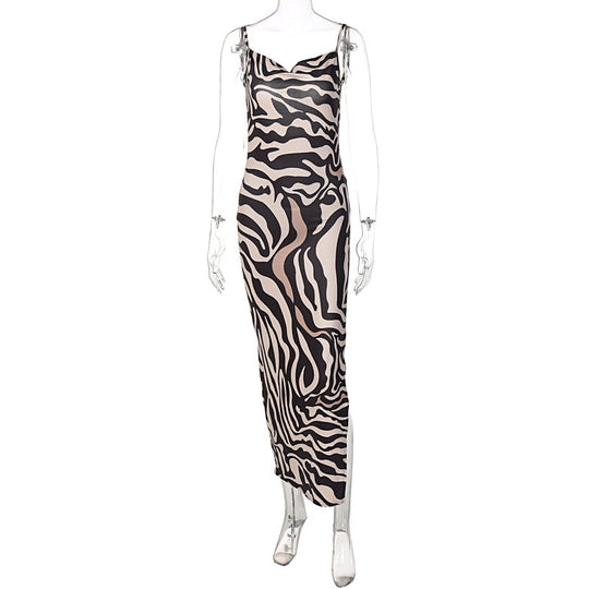 Damen Elegantes Maxikleid mit Leopardenmuster und sexy Schlitz R&B